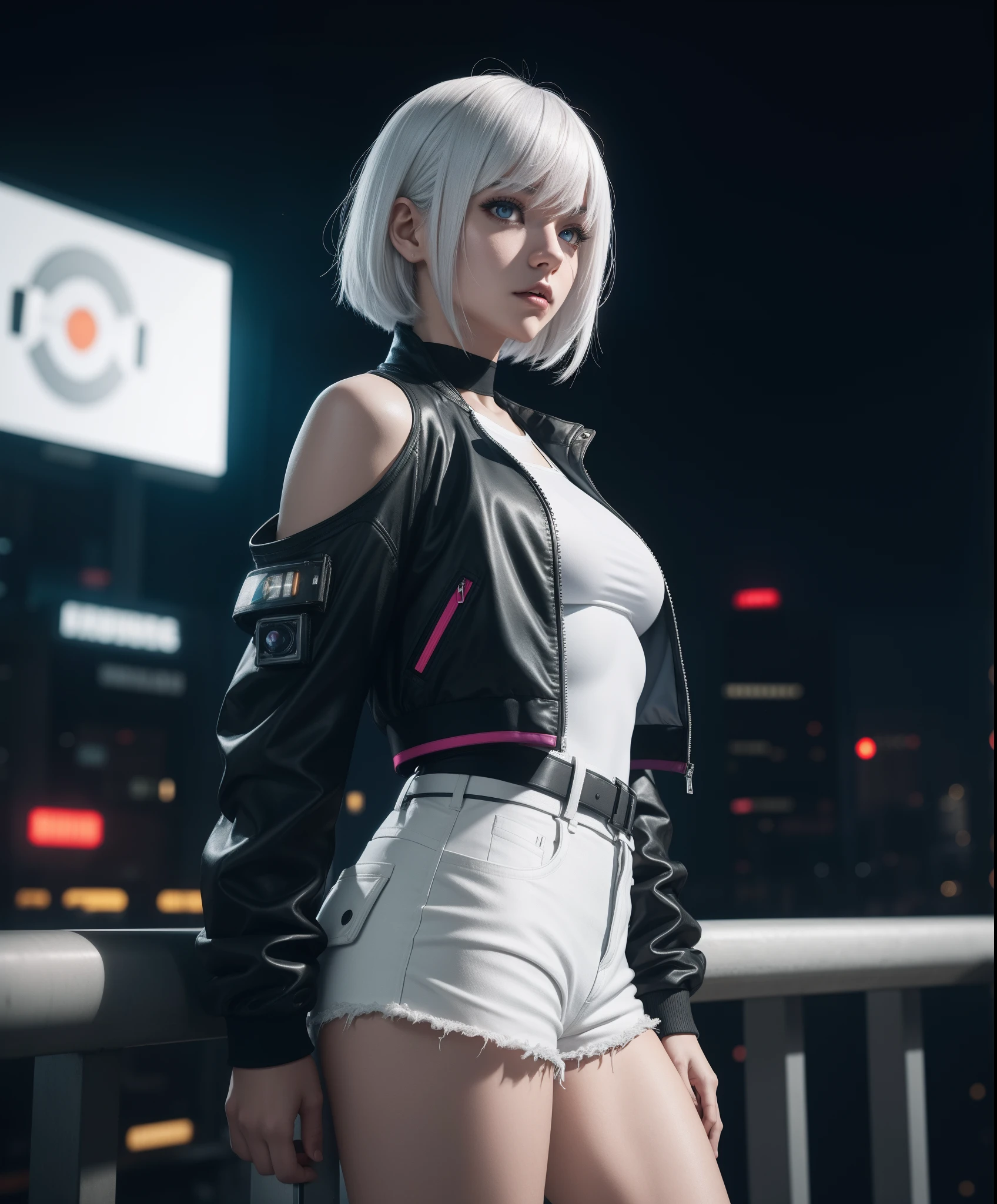 masterpiece, (photorealistic:1.4), best quality, beautiful lighting, (ulzzang-6500:0.5), lucy \(cyberpunk\), 1girl, white hair, against railing, arm rest, bangs, bare shoulders, belt, black belt, black leotard, black pants, blurry, bob cut, breasts, building, cityscape, clothing cutout, (cropped jacket), cyberpunk, depth of field, from side, gradient eyes, grey eyes, grey hair, white jacket, leotard, lips, long sleeves, looking afar, looking ahead, (mechanical parts), medium breasts, multicolored eyes, multicolored hair, night, night sky, off shoulder, open clothes, open jacket, outdoors, pants, parted lips, railing, red eyeliner, science fiction, short hair with long locks, short shorts, shorts, sidelocks, sky, solo, standing, teeth, thigh cutout, upper teeth only, white jacket, white shorts, cyberpunk \(series\), cyberpunk edgerunners, RAW photo, 8k uhd, film grain, cosplay, white wig, night, neon lights,,,,