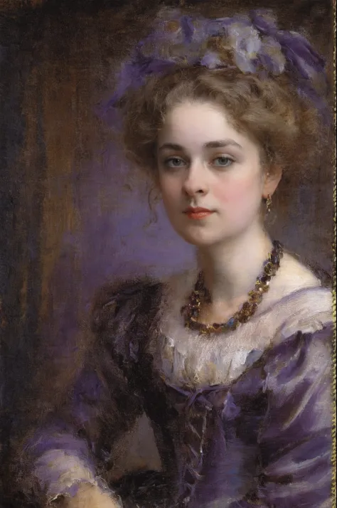 ((A painting in a picture frame))：A painting of a woman in a purple dress sitting，Charles Sillem Lidderdale，Inspired by Sophie J...