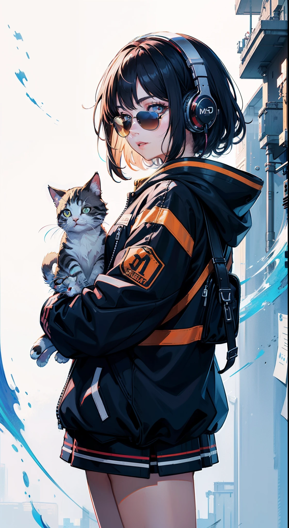 Perfect centering, A cute kitten all over, Wear a student varsity jacket, Wearing sunglasses, Wearing headphones, cheerfulness, Standing position, Abstract beauty, Centered, Looking at the camera, Facing the camera, nearing perfection, Dynamic, Moonlight, Highly detailed, Digital painting, art  stations, concept-art, smooth, Sharp focus, 8K, high definition resolution, illustration, Art by Carne Griffiths and Wadim Kashin, White background