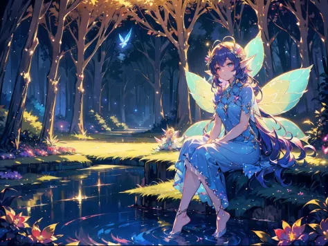 Oil painting:1.4, Impressionist, Sitting by a deep forest fountain in the Mysterious moonlight, feet immersed in water A girl, B...