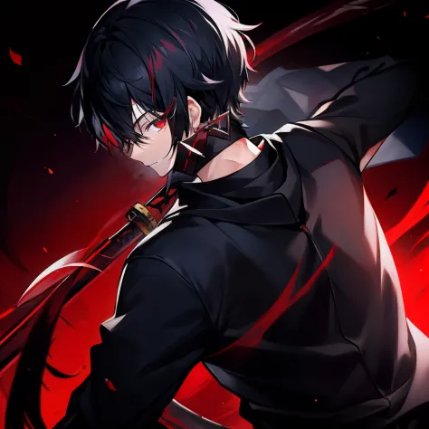 1 boy, black hair,  red eyes, katana on back