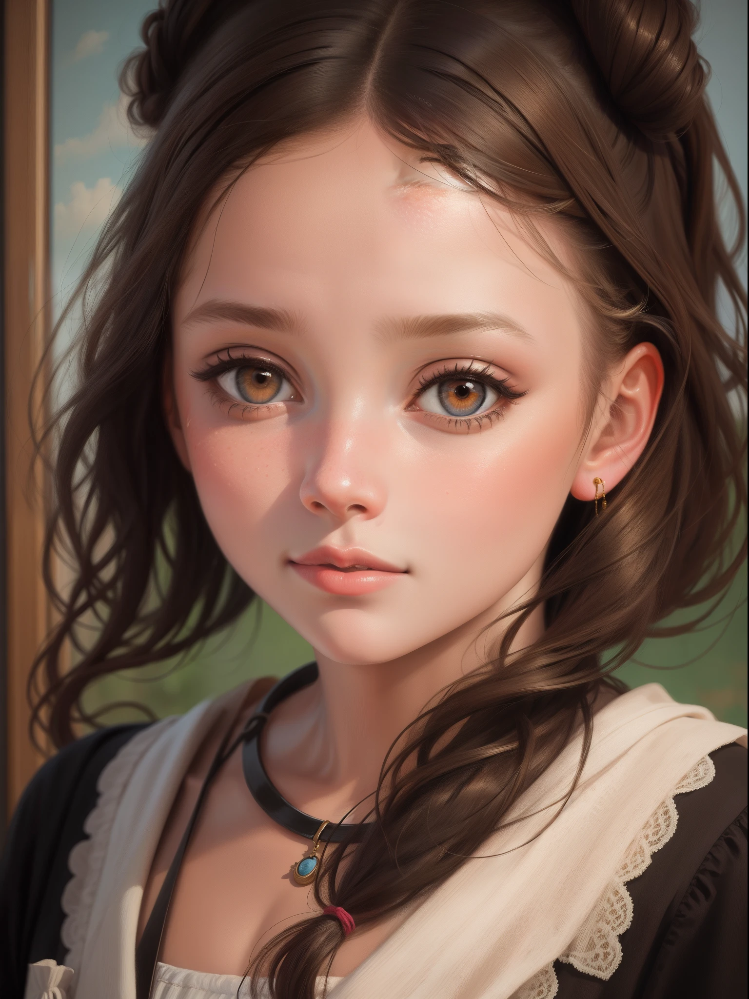 "Retrato em close-up de uma menina em um estilo de pintura a óleo."