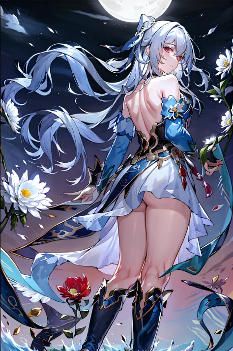 masterpiece, best quality, JingliuV4, 1girl, solo, looking at viewer, gloves, dress, closed mouth, flower, boots, high heels, outdoors, detached sleeves, sky, water, night, (hands behind back), blue dress, moon, white flower, night sky, full moon,