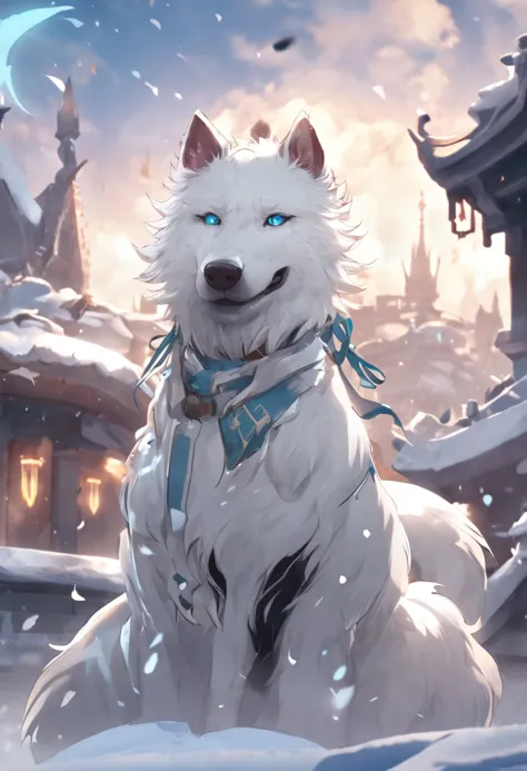 Masterpiece, best quality, highly detailed, Samoyedskaya, human, furry, canine, (furry), (clear cyan eyes), white hair, white dog tail, dog paws, (((black sleeves))), white short sleeves with hood, white cropped pants, swirling wind, control ice, outdoors,...