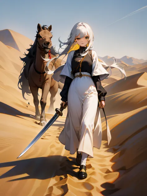 white hair, glasses, desert clothes, desert background - SeaArt AI