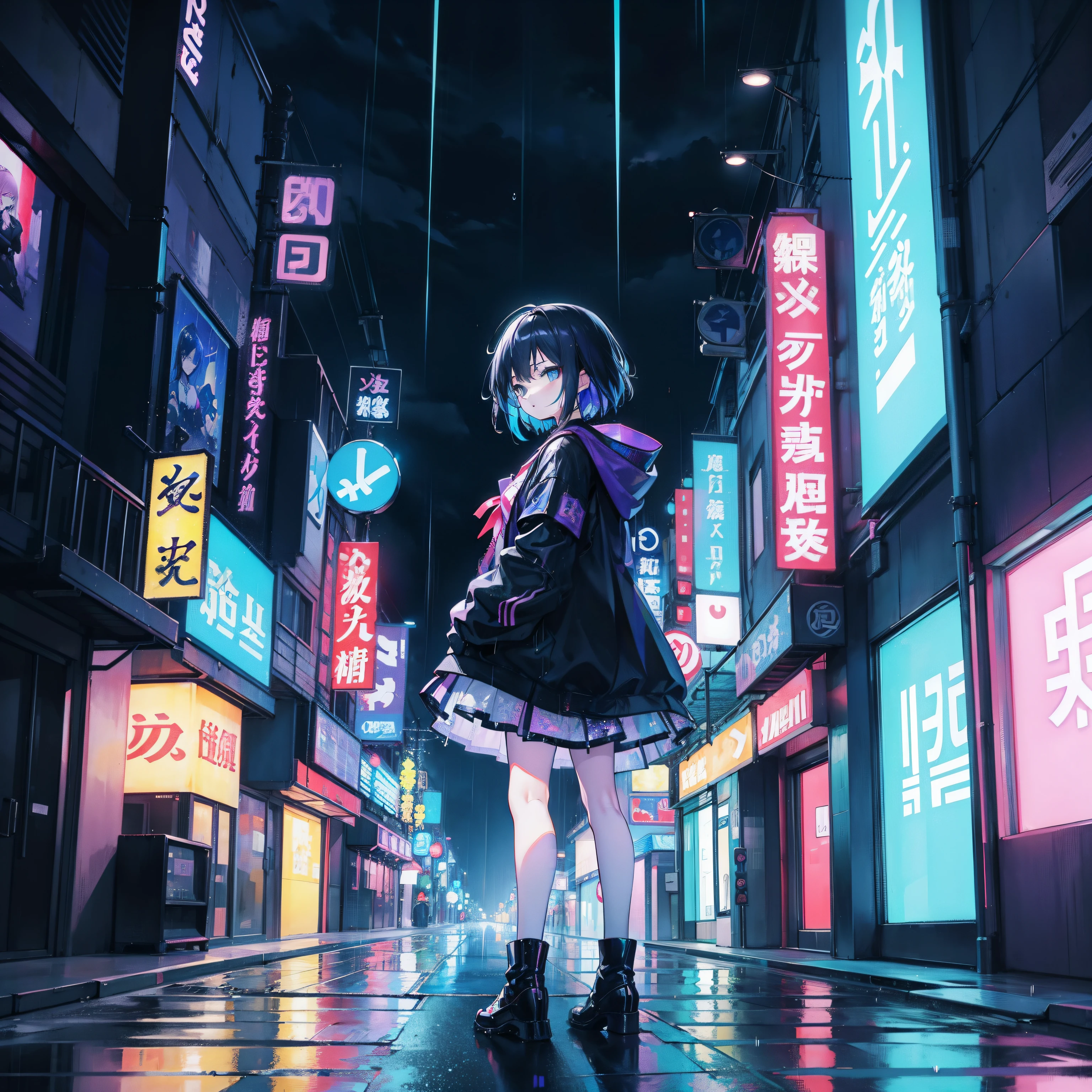 Anime girl in a dark dress standing in a city street - SeaArt AI