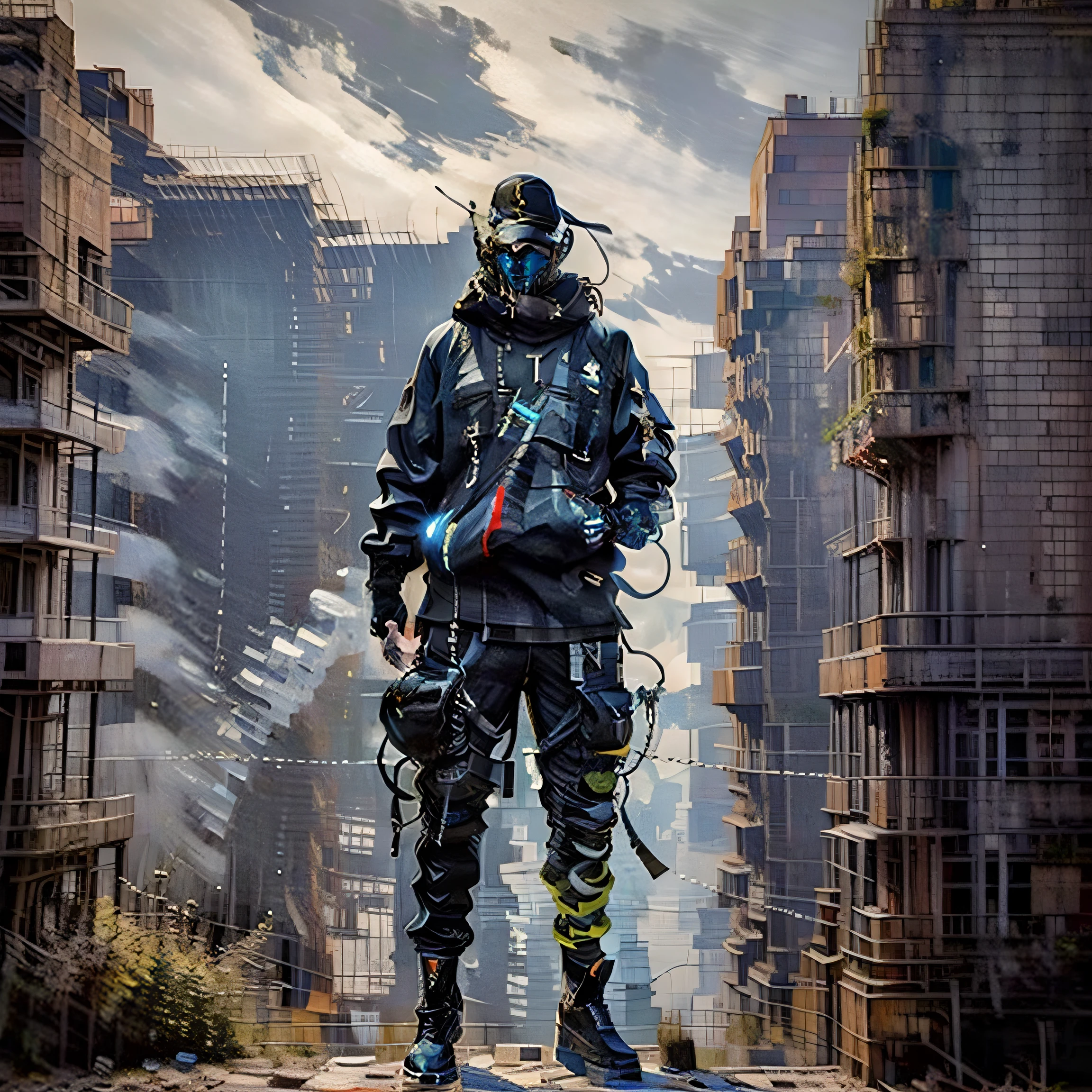 (Best quality)), ((masterpiece)), oil paint style, a man with futuristic cyberhelemet with blue lights, wearing techwear jacket, standing in city district, daytime, full body panel