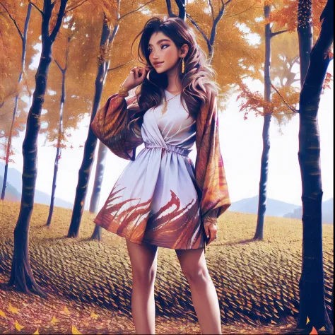 A brown beautiful girl, wearing a beautiful dress, standing in a beautiful forest with beautiful autumn 🍁 leaves falling from the tress, sunshine, hippie clothes