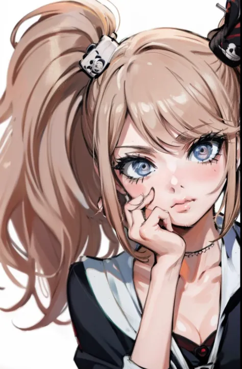 (masterpiece, best quality),  intricate details,
1girl, point fingers on cheek, cute pout, upper body,  Junko Enoshima.
