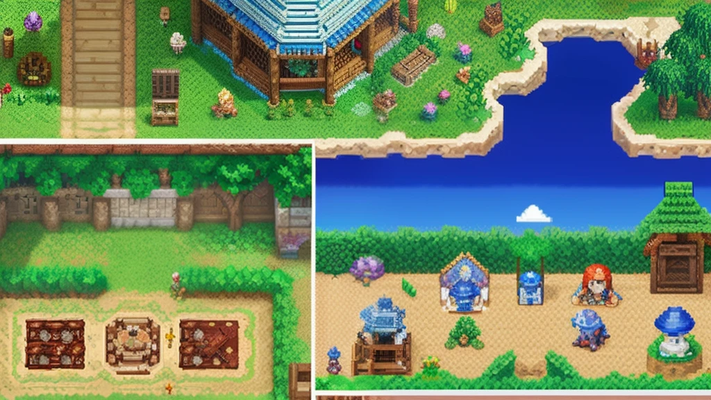 鸟山明风格，Flat pixel games《dragon quest》，Game scene design，（a paradise：1.4），16-bit pixels