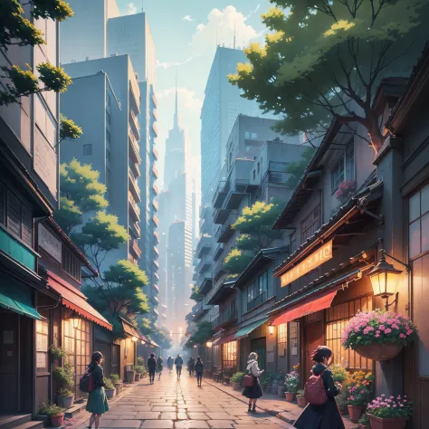 anime scenery of a narrow alley with flowers and buildings, anime background art, shady alleys, street background, green alleys, anime style cityscape, beautiful anime scenery, anime scenery concept art, alleyway, hd anime cityscape, anime scenery, by Shit...