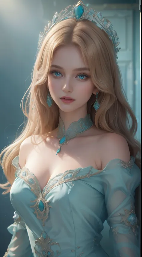 tmasterpiece，Highest image quality，Beautiful bust of a royal woman，Delicate blonde hairstyle，Turquoise eyes，Decorated with dazzling intricate jewelry，super detailing，upscaled。