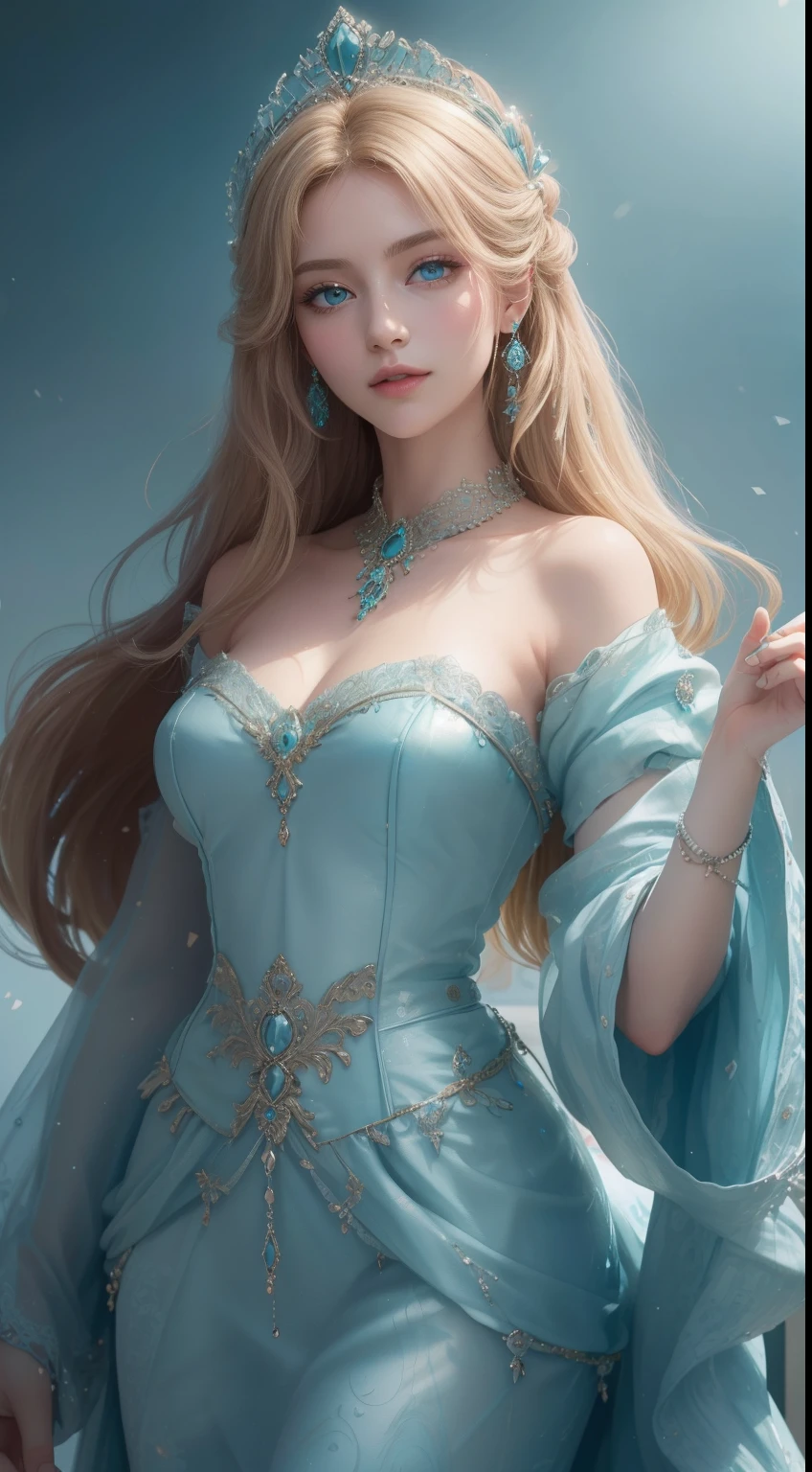 tmasterpiece，Highest image quality，Beautiful bust of a royal woman，Delicate blonde hairstyle，Turquoise eyes，Decorated with dazzling intricate jewelry，super detailing，upscaled。