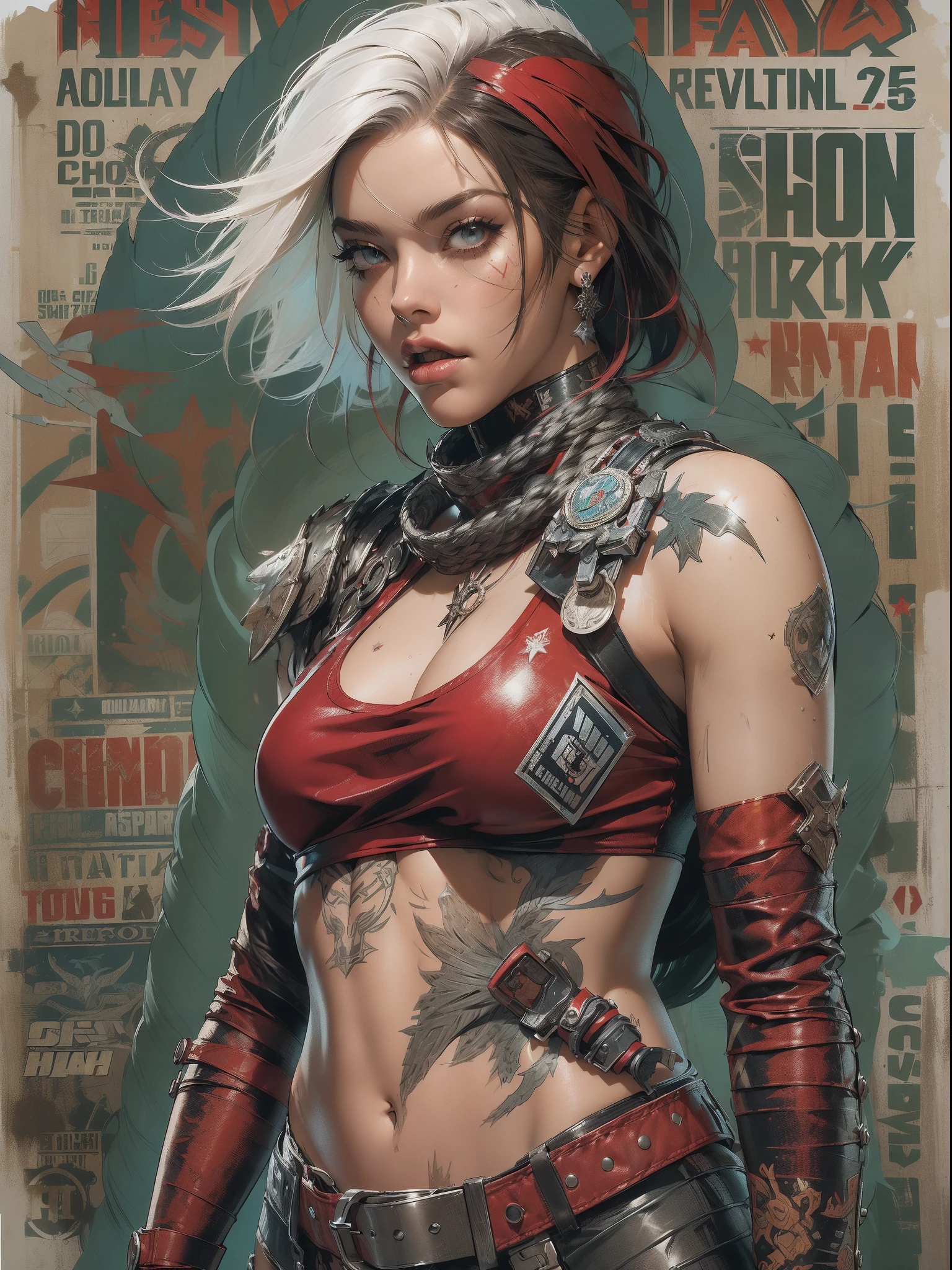 (((امرأة))), (((جودة أفضل))), (((العمل الخام))), (((بالغ))), (((1فتاة))), ((( قصة شعر بوب ))), Uma gladiadora cyberpunk امرأة de 25 anos com corpo perfeito, منصات الكتف مع أشواك معدنية, مصارعو بروكلين, (( قصة شعر بوب )), سراويل جلدية صغيرة, تي شيرت ممزق لوقت الرجبي, شبه عارٍ بأسلوب سيمون بيسلي الحضري الجامح على غلاف مجلة هيفي ميتال, شعر اشقر قصير, الحد الأدنى من الملابس, حماية معدنية على الذراع الأيسر برسومات معقدة, أحمر داكن مع نجوم بيضاء ونمط مخطط متعرج, الأزرق الداكن والأبيض, درع, مليئة بالأشواك, (((من الركبة إلى أعلى))), شعر أشقر أبيض قصير, في الخلفية جدار رسمه شيبرد فيري بتصميم معقد