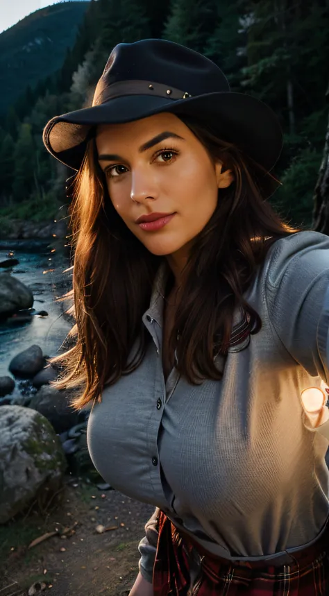 1 woman ((upper body selfie, happy)), masterpiece, best quality, ultra-detailed, solo, outdoor, (night), mountains, nature, (stars, moon) cheerful, happy, backpack, sleeping bag, camping stove, water bottle, country boot, country hat, red plaid shirt long ...