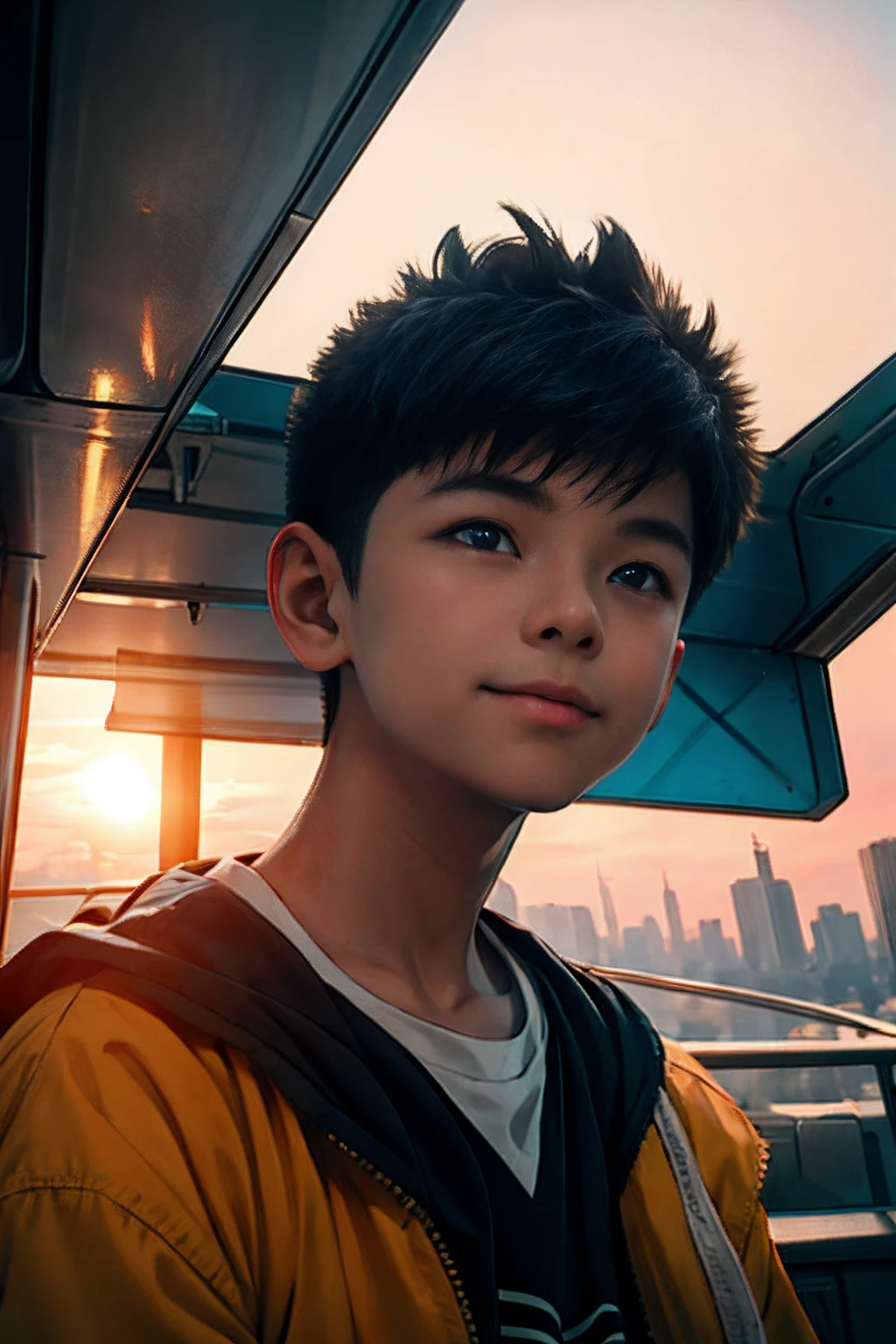 tmasterpiece，best qualityer，cinematic Film still from，1 Boy Central，natta，starrysky，Cloud Boy，floating into the sky，Close-up，brightly，cheerfulness，Soft lighting and warmth，Sun sunset，spark of light