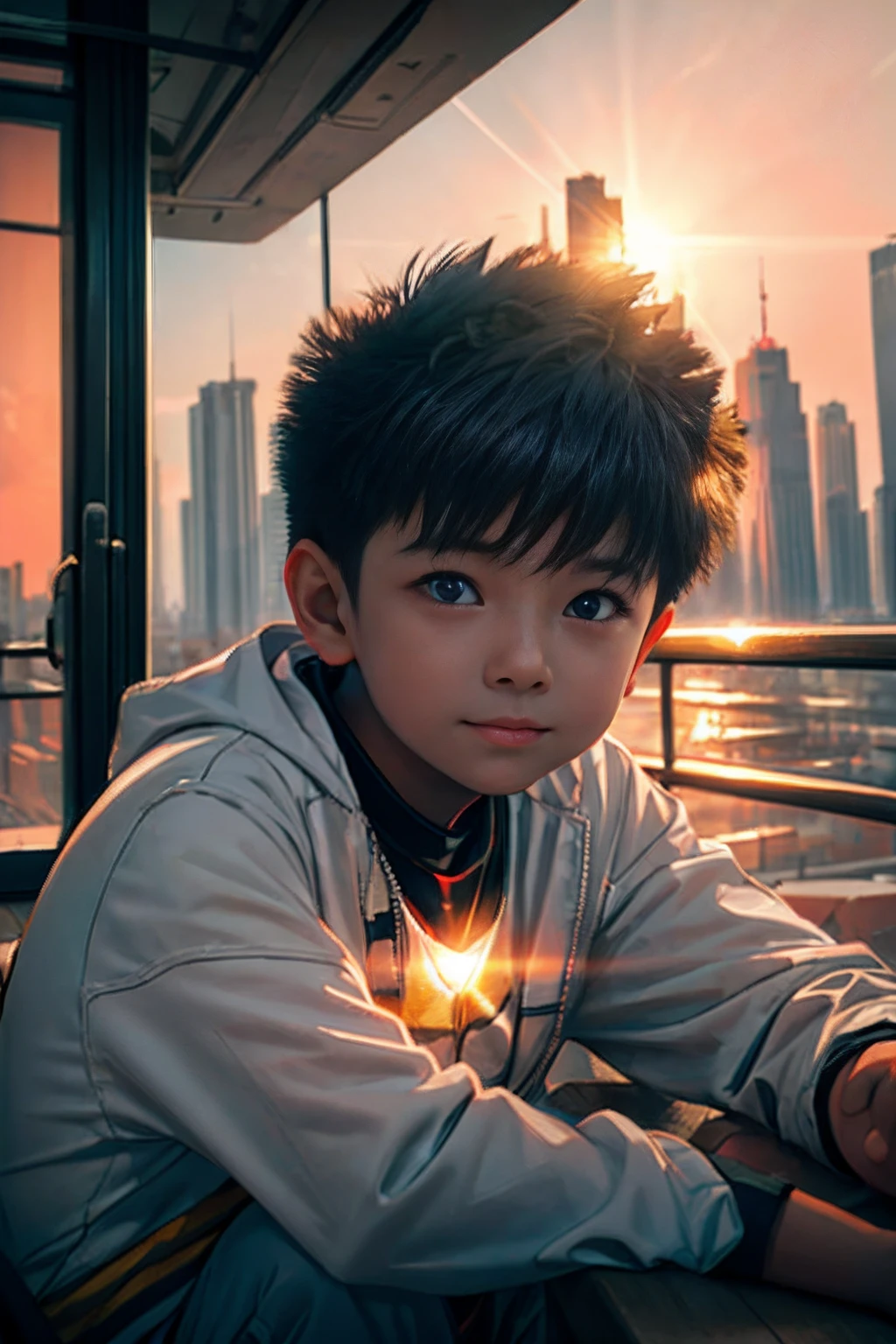 tmasterpiece，best qualityer，cinematic Film still from，1 Boy Central，natta，starrysky，Cloud Boy，floating into the sky，Close-up，brightly，cheerfulness，Soft lighting and warmth，Sun sunset，spark of light