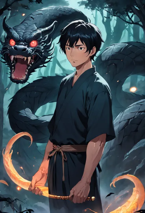 1 Middle-aged man,with wrinkles on his face，with short black hair,  Black short sleeves, Holding a snake in his hand, mystical aura,  Forest background, Moonlit Night, Swirling mist,fantastical creature, surreal atmosphere, Magical power,（Chinese folk susp...