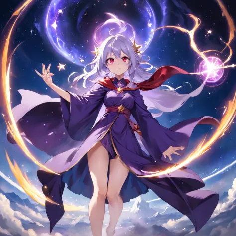 Anime girl in purple dress，Purple cape and stars, Beautiful celestial mage, White-haired, red-eyed bare-footed mage, sky witch, female mage!, sorcerer magic witch, astral witch clothes, beautiful wizard, wind wizard, /!\ sorceress woman, female mage conjur...