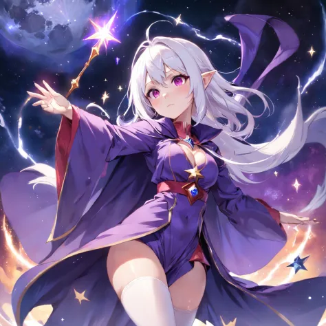 Anime girl in purple jumpsuit and white stockings，Purple cape and stars, Beautiful celestial mage, White-haired and red-eyed mage, sky witch, female mage!, sorcerer magic witch, astral witch clothes, beautiful wizard,  /!\ sorceress woman, female mage conj...