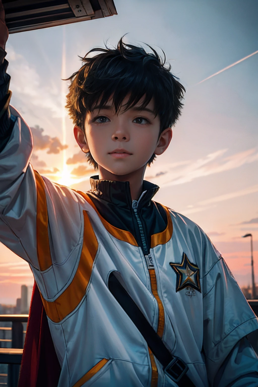 tmasterpiece，best qualityer，cinematic Film still from，1 Boy Central，natta，starrysky，Cloud Boy，floating into the sky，Close-up，brightly，cheerfulness，Soft lighting and warmth，Sun sunset，spark of light
