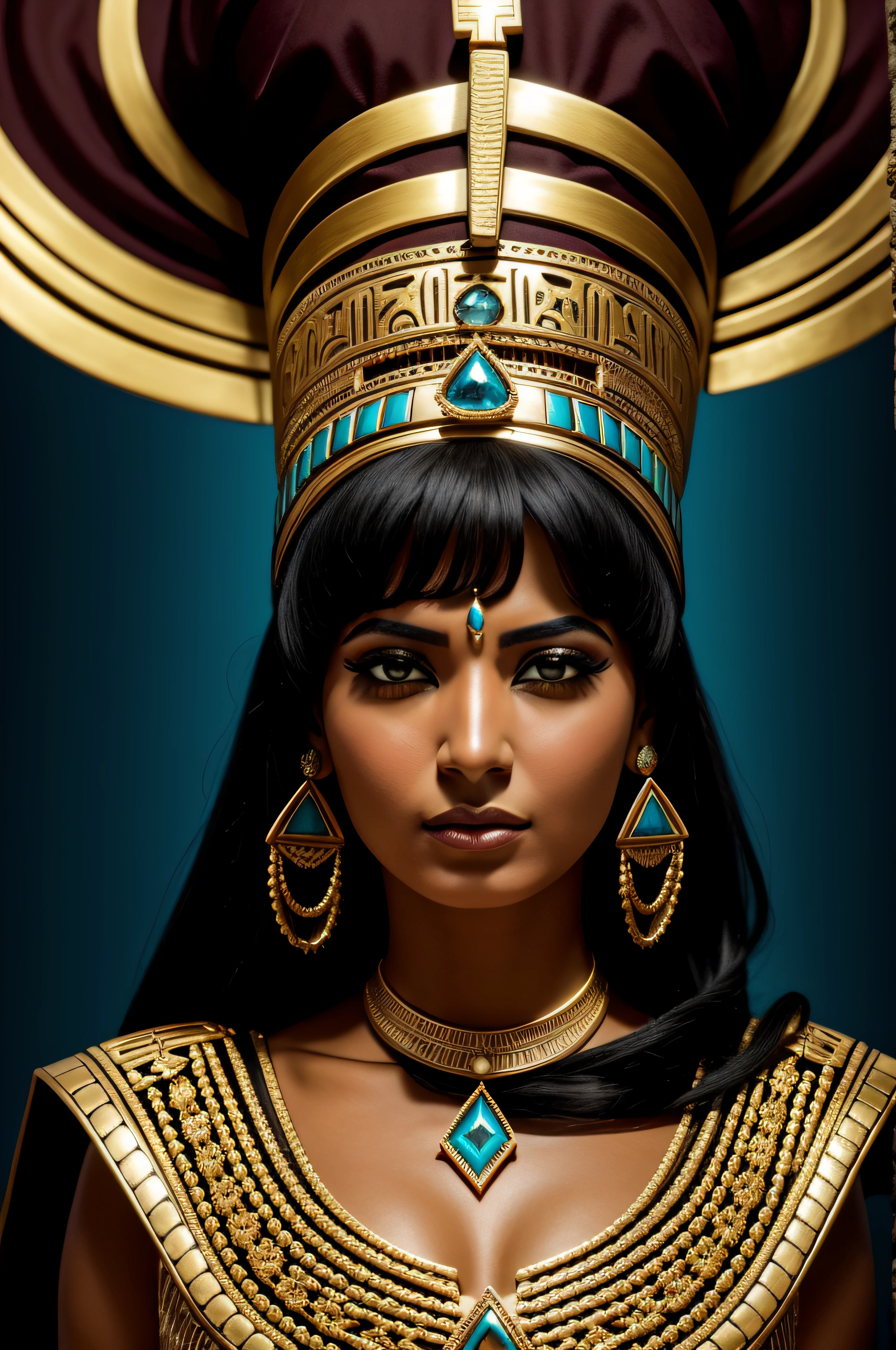 หญิงชาวอียิปต์ในชุด, โพสท่ากับเครื่องประดับ, ในรูปแบบสีทองเข้มและสีฟ้าเข้ม, ฉากแฟนตาซีที่ยิ่งใหญ่, ภาพถ่ายทางภูมิศาสตร์แห่งชาติ, ราชวงศ์เหนือและใต้, จ้องมองที่รุนแรง, ริมไลท์, รายละเอียดหรูหรา