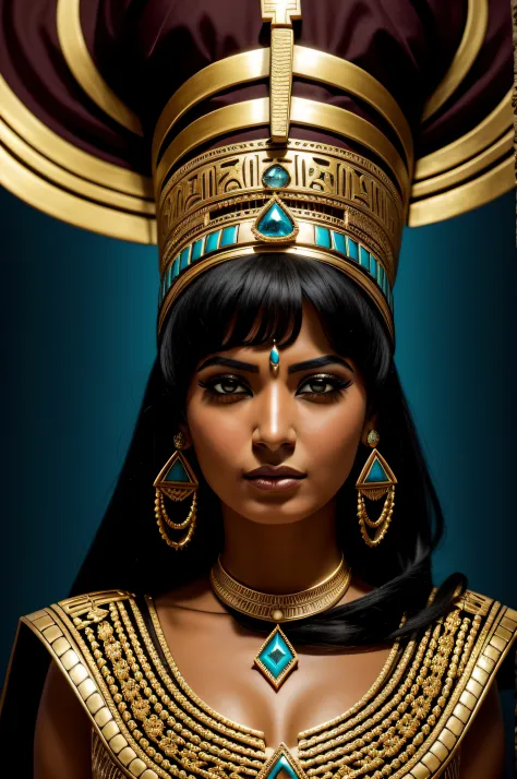 Egyptian woman in costume, posing with jewelry, in the style of dark gold and dark cyan, epic fantasy scenes, national geographi...