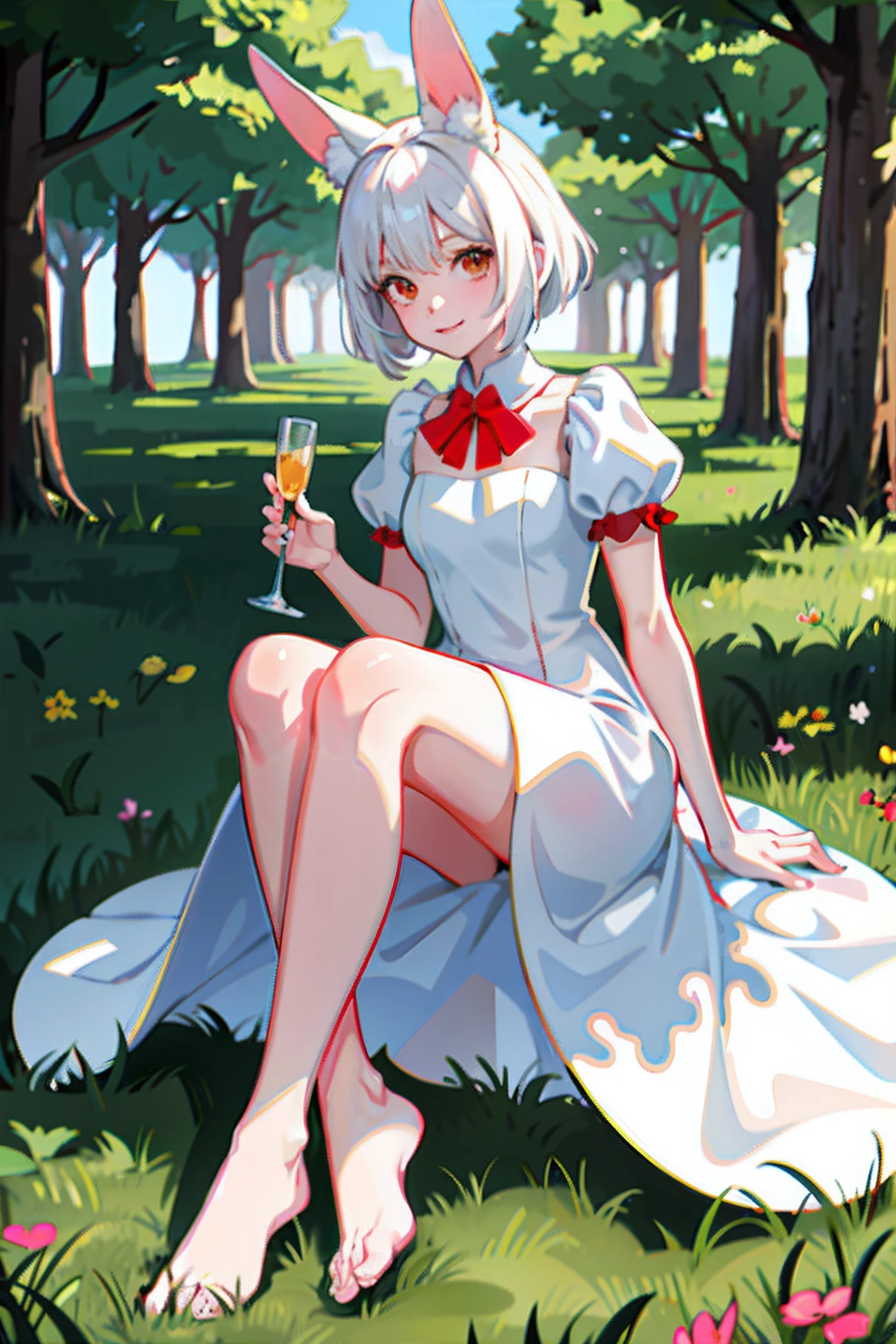 ((masterpiece,best quality)),1girl,half kitsune and half human, red color shiny hair, elegant satin dress, fluffy ears, gold high heels, she is on a party, solo, animal ears, rabbit, barefoot, knees up, dress, sitting, rabbit ears, short sleeves, looking at viewer, grass, short hair, smile, white hair, puffy sleeves, outdoors, puffy short sleeves, bangs, on ground, full body, animal, white dress, sunlight, brown eyes, dappled sunlight, day, depth of field