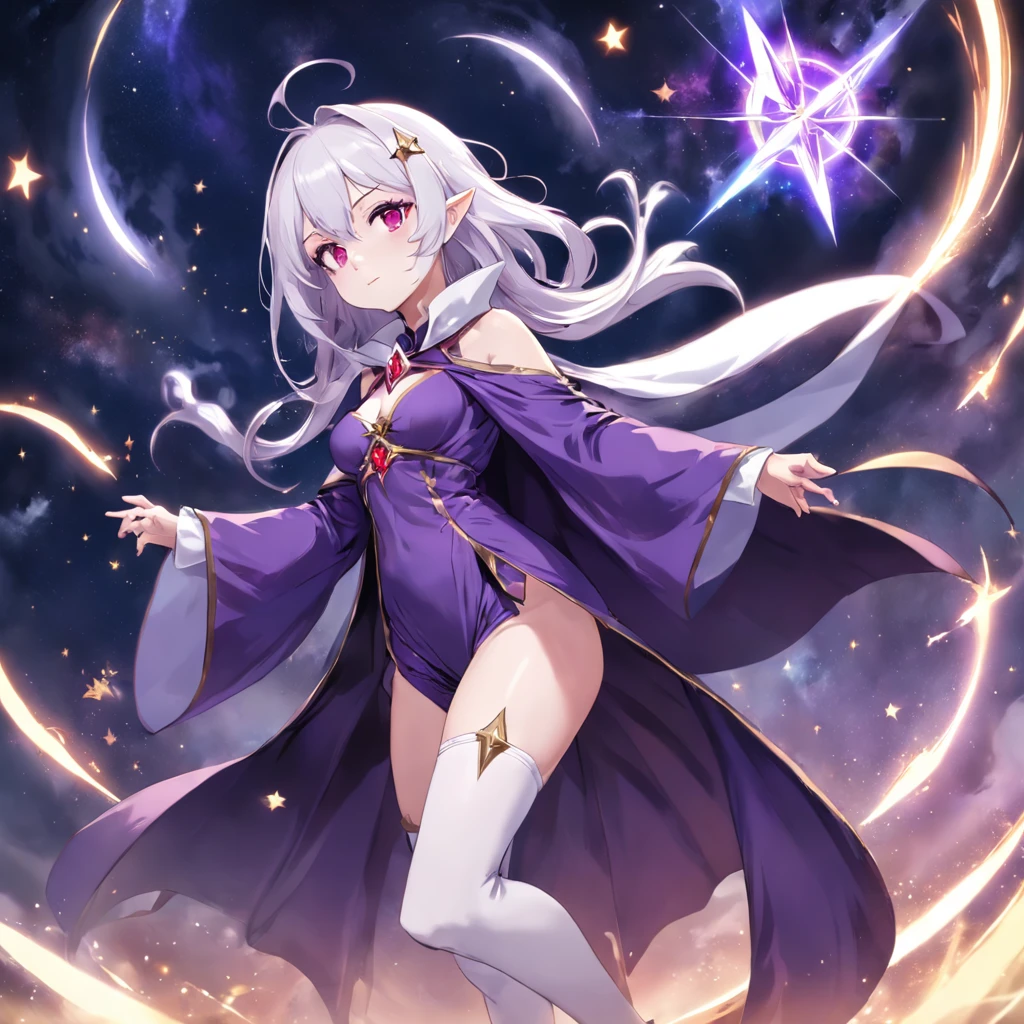 Wearing a purple jumpsuit、Anime girl with white stockings and high heels，Short purple cloak and stars, Beautiful celestial mage, White-haired and red-eyed mage, sky witch, female mage!, sorcerer magic witch, astral witch clothes, beautiful wizard, /!\ sorceress woman, female mage conjuring a spell, Mage, sorceress woman