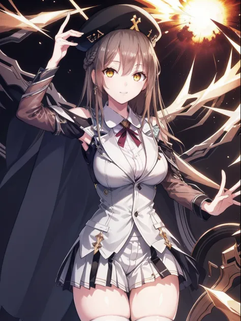 the Extremely Detailed CG Unity 8K Wallpapers、Manteau blanc, physician, 
1girl in, 独奏, thighs thighs thighs thighs, Hats, brown haired, length hair, yellow  eyes,