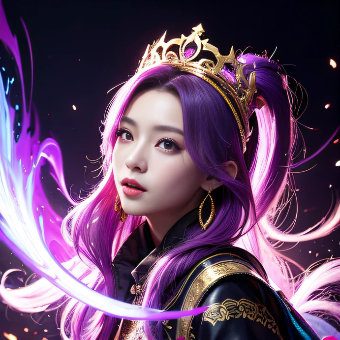 32K（tmasterpiece，k hd，hyper HD，32K）Long flowing bright purple hair，Autumn Pond，zydink， a color，  Asian people （Silly girl）， （Silk scarf）， Combat posture， looking at the ground， long whitr hair， Floating bright purple， Fire cloud pattern gold tiara， Chinese long-sleeved gold silk garment， （abstract ink splash：1.2）， white backgrounid，Lotus protector（realisticlying：1.4），Bright purple hair，Smoke on the road，The background is pure， A high resolution， the detail， RAW photogr， Sharp Re， Nikon D850 Film Stock Photo by Jefferies Lee 4 Kodak Portra 400 Camera F1.6 shots, Rich colors, ultra-realistic vivid textures, Dramatic lighting, Unreal Engine Art Station Trend, cinestir 800，Long flowing bright purple hair