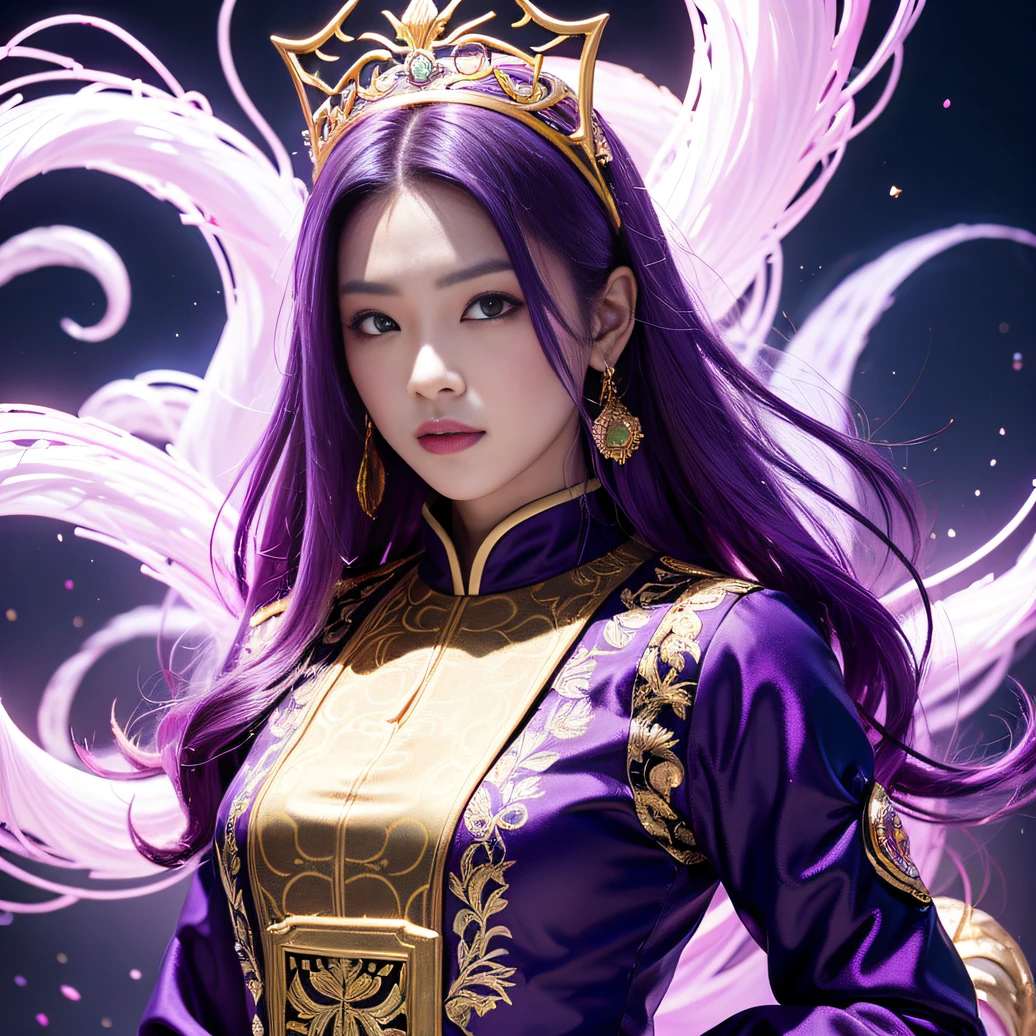 32K（tmasterpiece，k hd，hyper HD，32K）Long flowing bright purple hair，Autumn Pond，zydink， a color，  Asian people （Silly girl）， （Silk scarf）， Combat posture， looking at the ground， long whitr hair， Floating bright purple， Fire cloud pattern gold tiara， Chinese long-sleeved gold silk garment， （abstract ink splash：1.2）， white backgrounid，Lotus protector（realisticlying：1.4），Bright purple hair，Smoke on the road，The background is pure， A high resolution， the detail， RAW photogr， Sharp Re， Nikon D850 Film Stock Photo by Jefferies Lee 4 Kodak Portra 400 Camera F1.6 shots, Rich colors, ultra-realistic vivid textures, Dramatic lighting, Unreal Engine Art Station Trend, cinestir 800，Long flowing bright purple hair