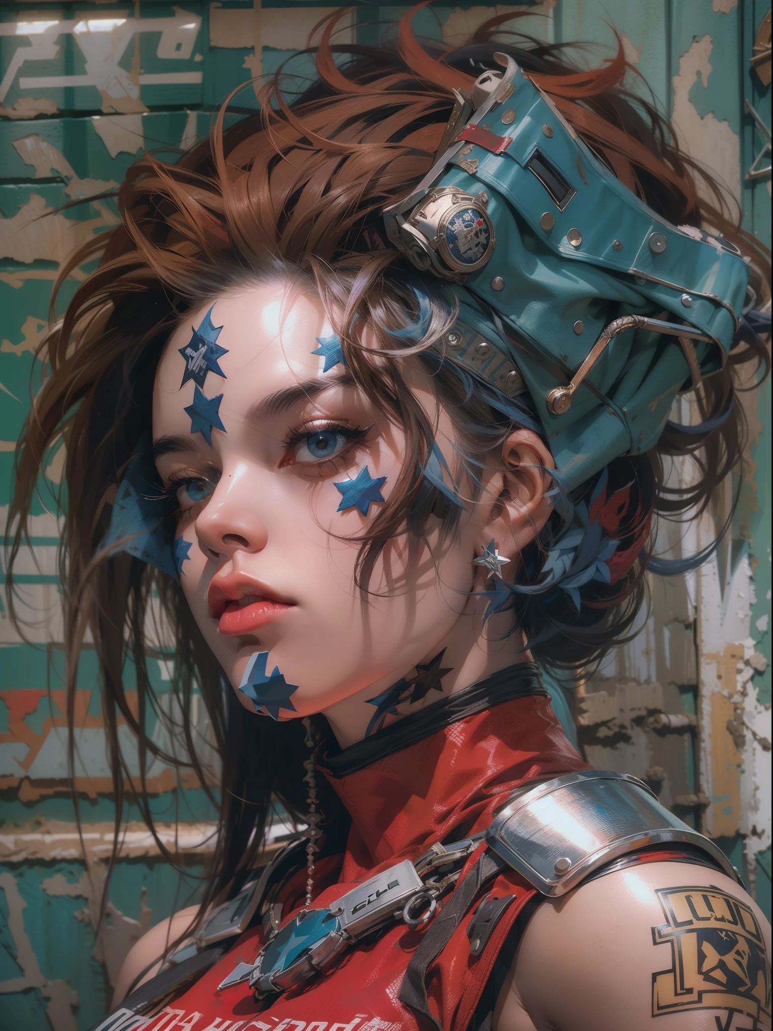 (((女性))), (((より良い品質))), (((生の仕事))), (((アダルト))), (((1人の女の子))), ((( ボブのヘアカット ))), Uma gladiadora cyberpunk 女性 de 25 anos com corpo perfeito, 金属の突起が付いた肩パッド, ブルックリン・グラディエーターズ, (( ボブのヘアカット )), 小さな革パンティー, 破れたラグビータイムTシャツ, ヘヴィ・メタル誌の表紙を飾るサイモン・ビズリーのワイルドで都会的なスタイルでほぼ裸に, 短い金髪, 最低限の衣服, 左腕に精巧なグラフィックが施された金属製の保護具, 濃い赤に白い星と青と白の縞模様, 鎧, スパイクとリベットがいっぱい, 毒のタトゥー (((膝から上))), 短い白いブロンドの髪, 背景にはシェパード・フェアリーが描いた複雑なデザインの壁