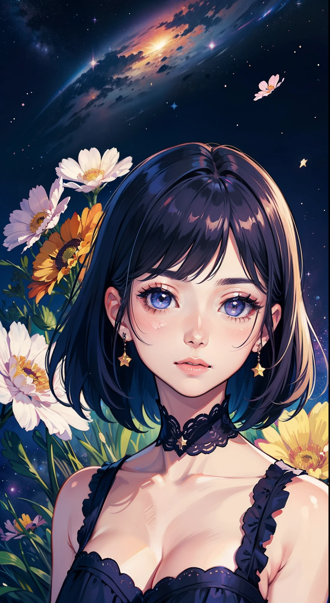 Half of the face of a Korean girl, Features realistic stroke styles and pastel colors using a purple and blue palette, With cosmos as a background and stars.