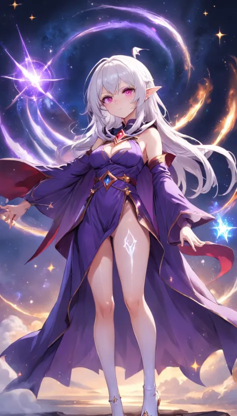 Wearing a purple jumpsuit、Anime girl with white pantyhose and high heels，Short purple cloak and stars, Beautiful celestial mage, White-haired and red-eyed mage, sky witch, female mage!, sorcerer magic witch, astral witch clothes, beautiful wizard, /!\ sorc...
