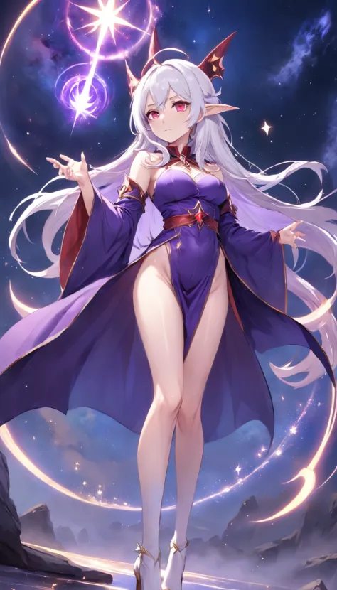 Wearing a purple jumpsuit、Anime girl with white pantyhose and high heels，Short purple cloak and stars, Beautiful celestial mage, White-haired and red-eyed mage, sky witch, female mage!, sorcerer magic witch, astral witch clothes, beautiful wizard, /!\ sorc...