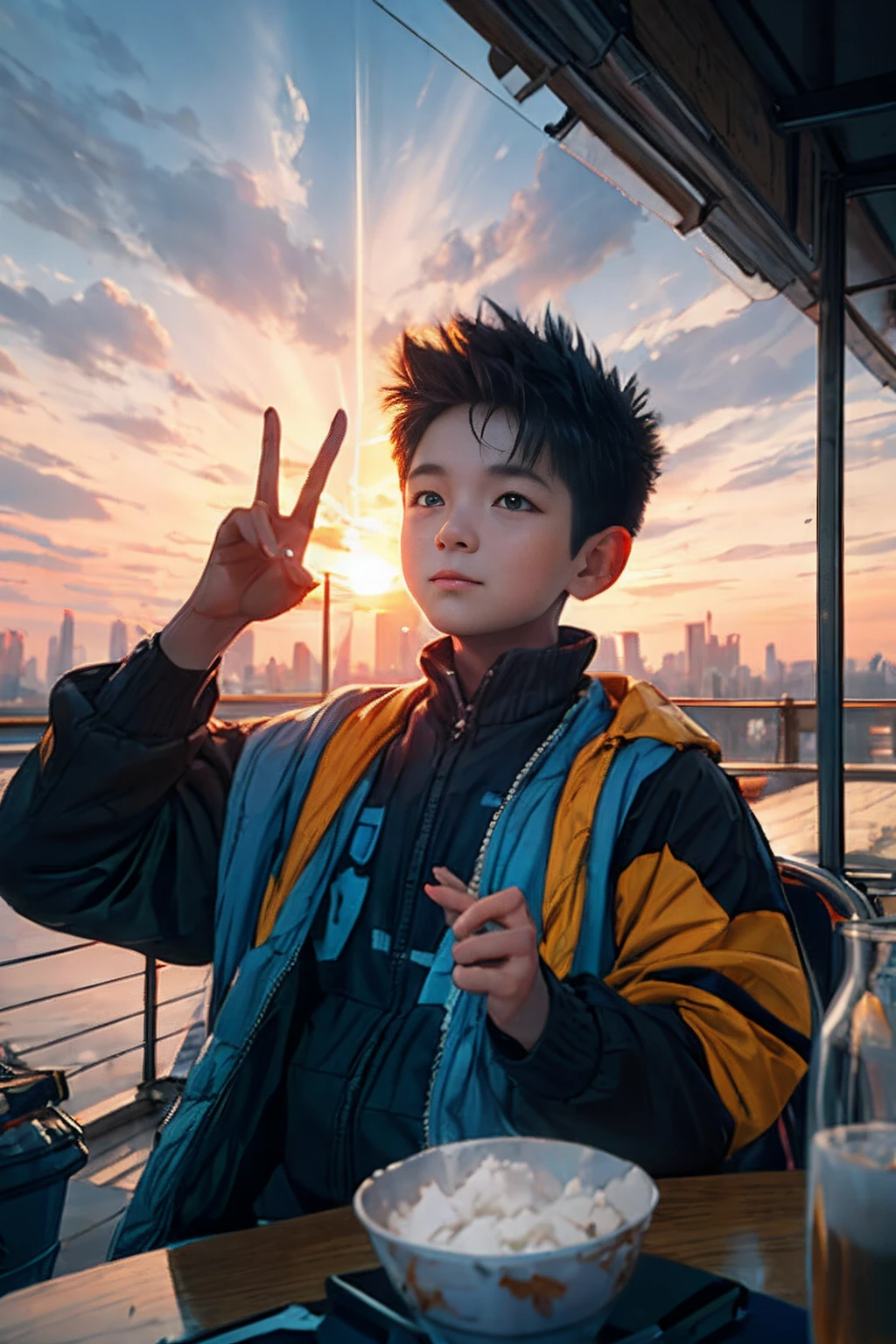 tmasterpiece，best qualityer，cinematic Film still from，1 Boy Central，natta，starrysky，Cloud Boy，floating into the sky，Close-up，brightly，cheerfulness，Soft lighting and warmth，Sun sunset，spark of light