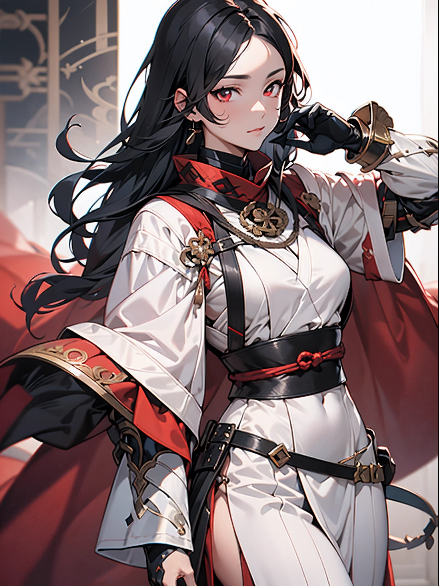 1 fille dans,onmyouji,suikan,armure,manteau rouge avec décoration blanche,cheveux longs noirs,les yeux rouges,Gant et gants noirs,belle main, des mains parfaites