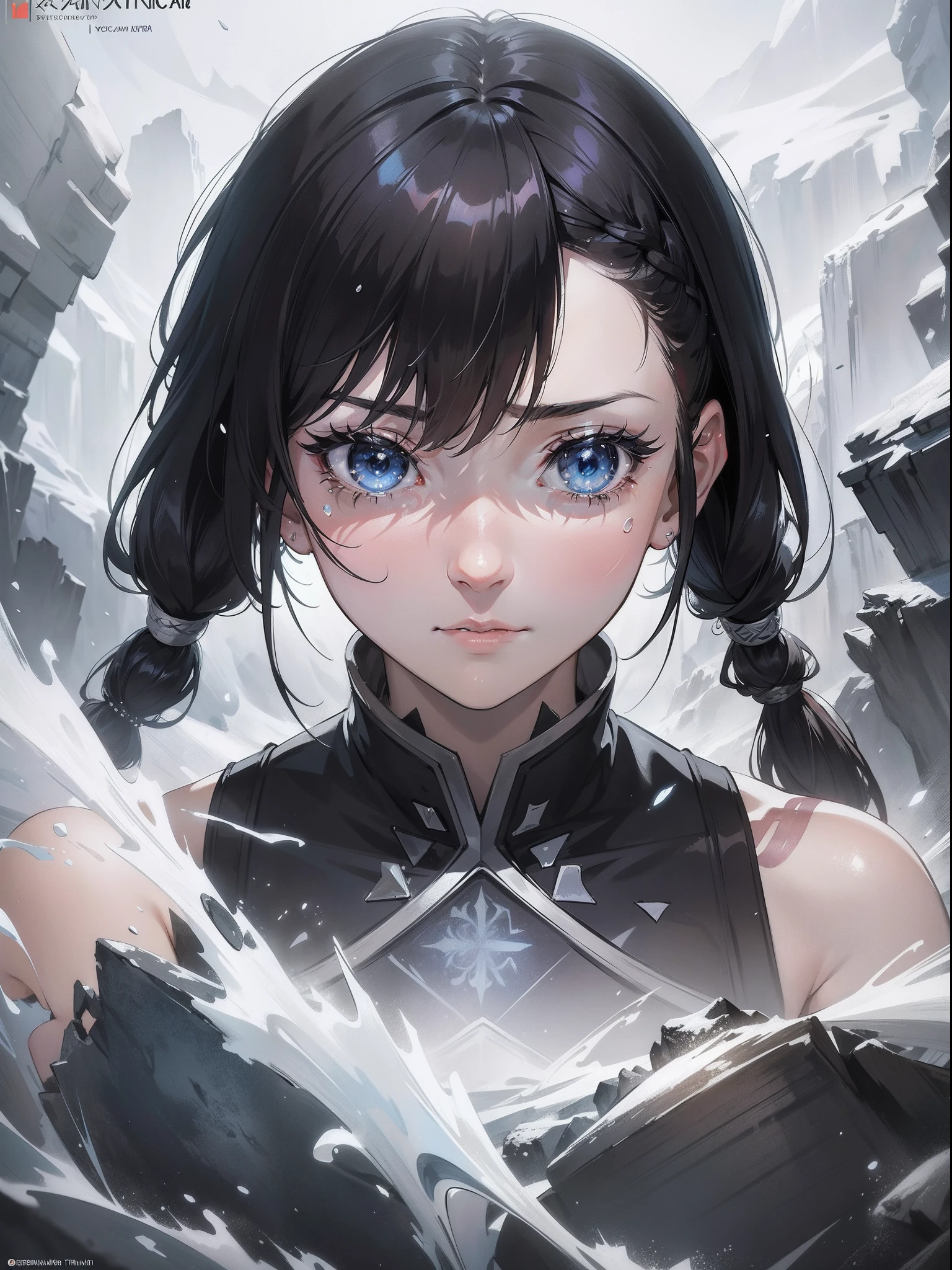 chaos, Blizzard, flurry, Frozen caves, Strange hairstyle, Futuristic hair on part of block shaped background, Kyoto Animation, Woman with vertical stripes on her face, Square eyes in a grid，There are tears in it, Abstract face pattern, Checkerboard tattoo part background, Frozen water steaming everywhere, Blizzard, Everything is deformed, chaos, Beautiful, Detailed portrait, cell-shaded, 4 k'', concept-art, by WLOP, Ilya Kuvshinov, Art germ, krenz cushart, greg rutkovsky, Pisif. cinematic dramatic atmosphere, Sharp focus, voluminetric lighting, Cinematic lighting, Studio quality