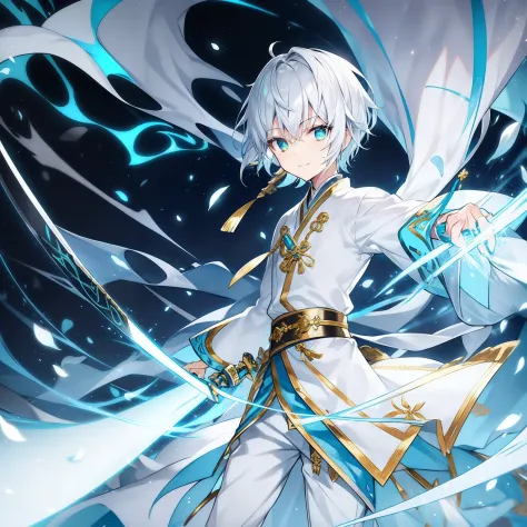 white  hair　swordsmen　Knives　Hairstyle Short Hair　Light blue hair ornament　Knife colorsSilver and gold　Yuki　A cute boy　14years　O...