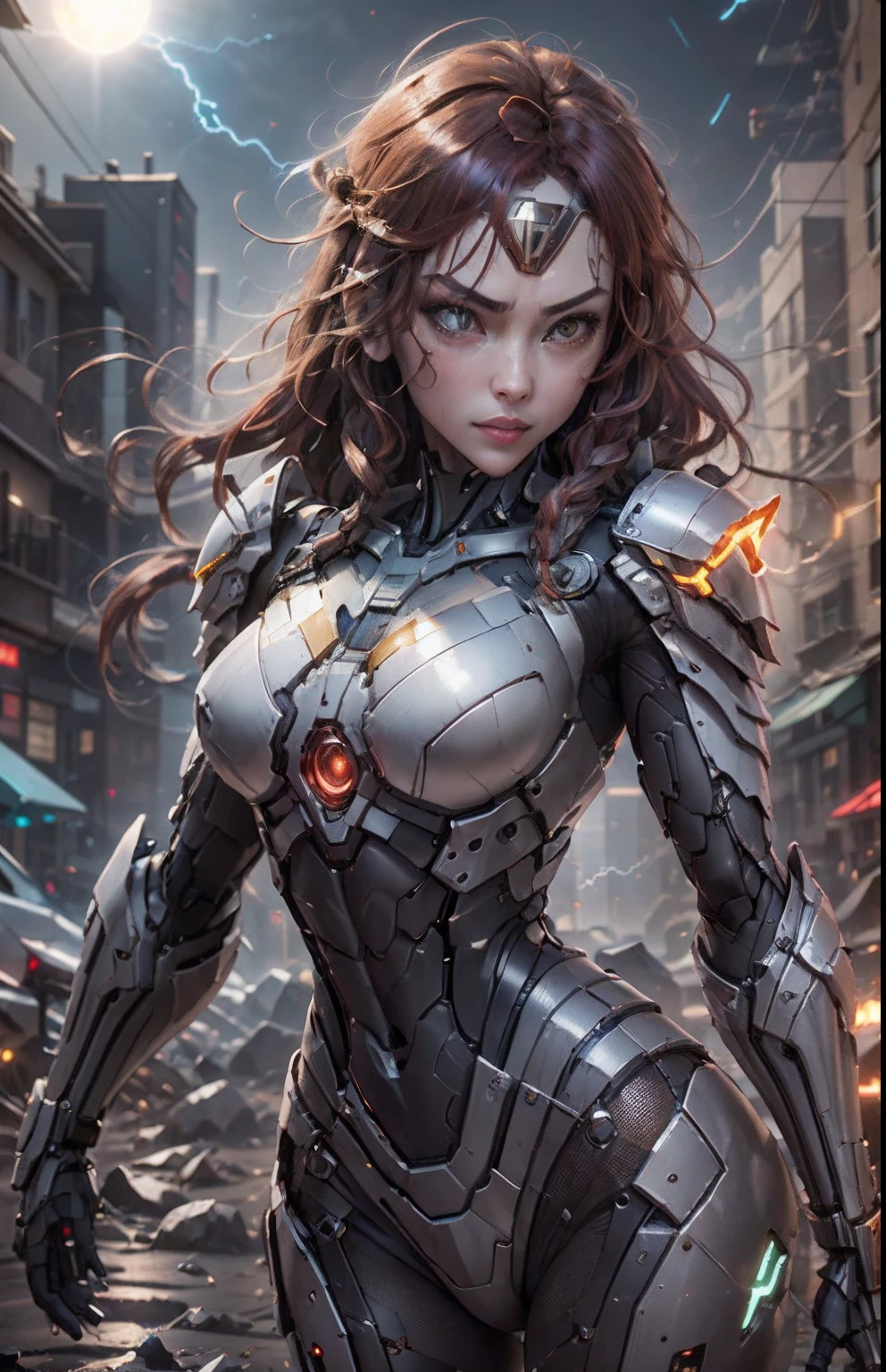 (best quality)), ((masterpiece)), (very detailed: 1.3), ..3d, Pretty Cyberpunk Woman, Wonder Woman Cosplay, Red Armor, Golden Yellow, Sci-Fi Tech, HDR (High Dynamic Range) ), ray tracing, NVIDIA RTX, super resolution, unreal 5, Subsurface Scattering, PBR Texture, Post Processing, Anisotropic Filtering, Depth of Field, Sharpness and Maximum Sharpness, Multilayer Texture, Specular and Albedo Mapping, Surface Shading, simulation of precise interactions between light and material, Perfect Proportions, Octane Rendering, Duotone Lighting, Low ISO, White Balance, Rule of Thirds, Wide Aperture, RAW 8K, High Efficiency Subpixels, Subpixel Convolution, Luminous Particles, Light Scattering , Tyndall effect, very sexy in a bikini, full body, Battle pose, red hair with braids, Lightning in the night sky, full moon,