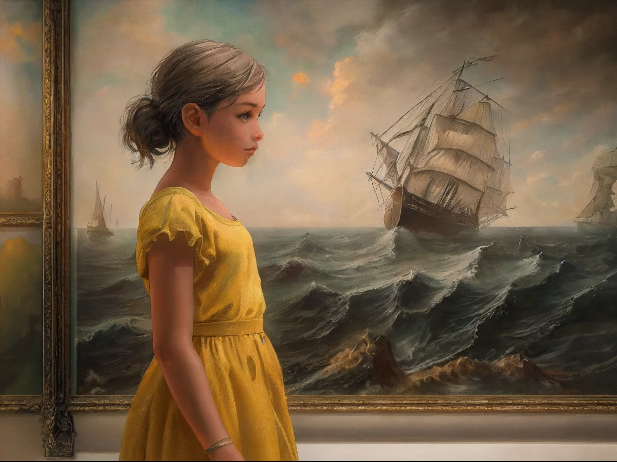 a picture of a young girl looking at an oil painting in a museum, the girl wearing a yellow dress (best details, Masterpiece, best quality: 1.5), the painting describes old ship at sea (best details, Masterpiece, best quality: 1.5), modern museum background, ultra best realistic, best details, best quality, 16k, [ultra detailed], masterpiece, best quality, (extremely detailed), ultra wide shot, photorealism.