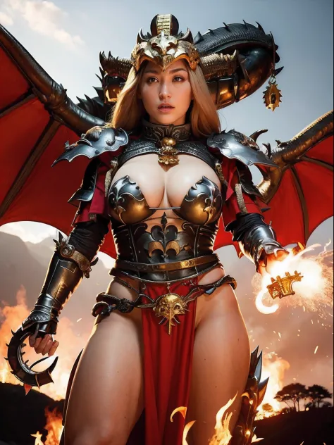 Professional , ​masterpiece、top-quality、photos realistic , depth of fields 、（Dragon Black Metal Body:1.９),(Mattretto、（cleavage of the breast）、Dragon Gold Weapon、（Micro Bikini Armor:1.４),Gorgeous gold weapons ,Particles of light、Particles of light、（（ Dragon...