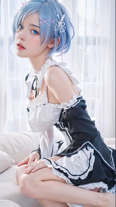 R_E_M, 1girl,(beautiful face:1.25) short blue hair, blue eyes, hair over one eye, hair ornament, pink hair ribbon, rem's maid uniform, detached sleeves, (realistic:1.7),((best quality)),absurdres,(ultra high res),(photorealistic:1.6),photorealistic,octane ...
