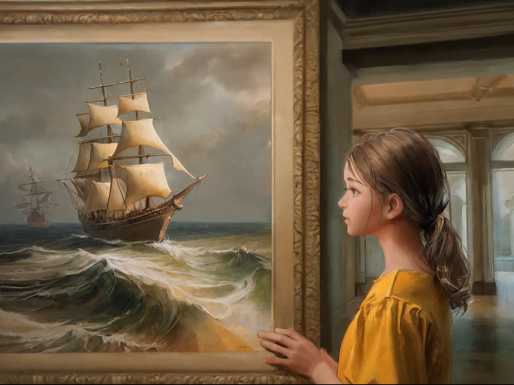 une photo d&#39;une jeune fille regardant une peinture à l&#39;huile dans un musée, la fille qui porte une robe jaune (meilleurs détails, chef-d&#39;œuvre, Meilleure qualité: 1.5), le tableau décrit un vieux navire en mer (meilleurs détails, chef-d&#39;œuvre, Meilleure qualité: 1.5), fond de musée moderne, ultra meilleur réaliste, meilleurs détails, Meilleure qualité, 16k, [ultra détaillé], chef-d&#39;œuvre, Meilleure qualité, (extrêmement détaillé), plan ultra large, photoréalisme.