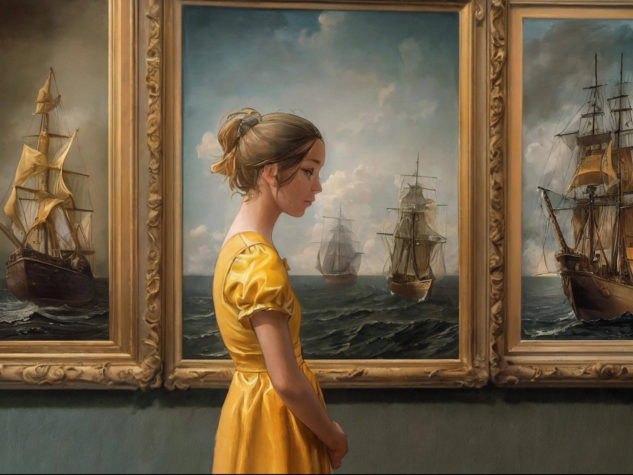 a picture of a young girl looking at an oil painting in a museum, the girl wearing a yellow dress (best details, Masterpiece, best quality: 1.5), the painting describes old ship at sea (best details, Masterpiece, best quality: 1.5), modern museum background, ultra best realistic, best details, best quality, 16k, [ultra detailed], masterpiece, best quality, (extremely detailed), ultra wide shot, photorealism.