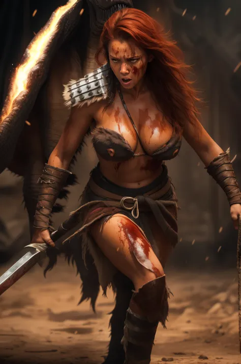 A Naked Tanned Red Haired Woman Warrior With Dark Brown Her Skin Is