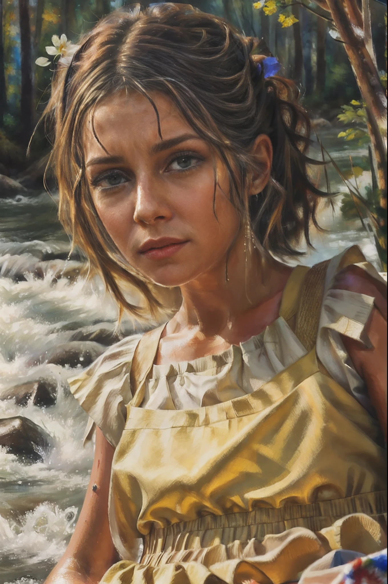 ((realistic:1.5)), ((best quality)), ((tmasterpiece)), ((Detailed)), (a girl), (upper body: 1.3), super wide angle lens, face focus , bathing in the river, expressive eyes, Long, wet hair, (detailed face, pretty eyes: 1.3), Perfect composition, intricate focus, sharp, dramatic (specular lighting: 1.3), (Photorealistic oil painting ; 1.4),Renoir style