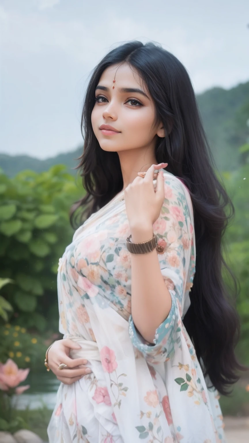 Young Indian girl, delicate and beautiful girl, gentle smile, Dynamic posture, dinamic angle, Women's jewelry, Ornaments, Tatoo, sari, Indian Garden, Sunny day, water, Flowers, hyper realisitc, hyper-detailing, 8K