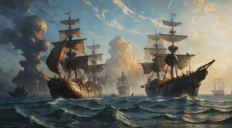 "Oil painting depicting a magnificent pirate ship and its fearless captain, infused with heavy impasto technique, capturing the ...